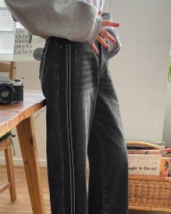 [EVELLET] Caffedi stitch wide denim pants