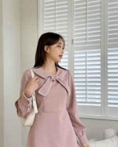[EVELLET] Cherry juice color matching piping tie mini dress