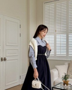 [EVELLET] Babyd Collar Contrast Long Dress
