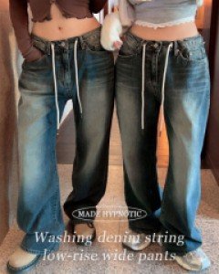 [MADE:자체제작]워싱 데님 스트링 로우라이즈 와이드팬츠