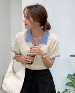 델리픈 카라 배색 니트 가디건 70765