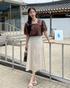 네이문 뒷밴딩 린넨 플레어 롱 스커트 70835