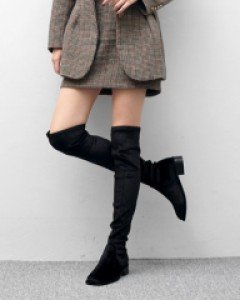 3cm 굽 벨벳 싸이하이 롱 부츠