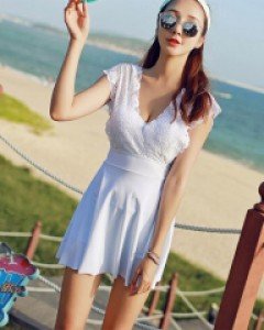 브이넥 레이스 스커트 원피스 수영복