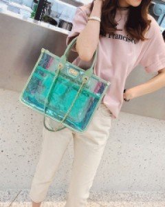 컬러 투명 체인 사각 쇼퍼백