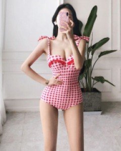 큐티 체크 리본 원피스 수영복