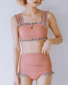 핑크 프릴 하이웨스트 비키니 수영복