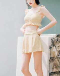 노란 파스텔 체크 프릴 스커트 비키니 수영복