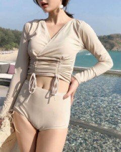 긴팔 베이지 하이웨스트 비키니 수영복