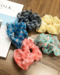 아이유 노방 오간자 체크 곱창 슈슈 스크런치 머리끈