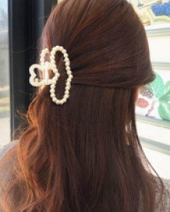 하트 리본 진주 집게핀 올림 머리핀