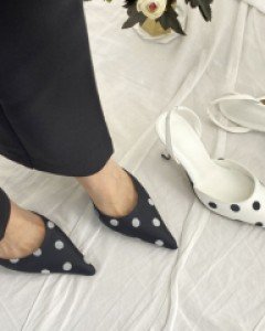 블랙 화이트 도트 슬링백 힐 8cm 힐