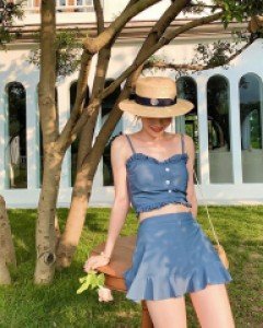 프릴 뷔스티에 단추장식 프릴 스커트 비키니 수영복