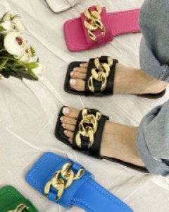 컬러 골드 체인 장식 뮬 슬리퍼