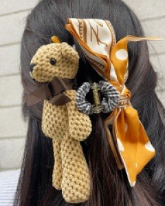 곰돌이 인형 스카프 리본 체크 올림머리 집게핀