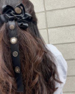 엔틱 단추 장식 언발 새틴 리본 머리핀 롱 헤어핀