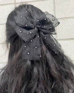 블랙 오간자 플라워 리본 머리핀 헤어핀