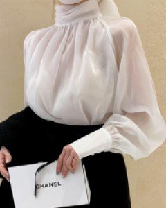 뒷 리본 시스루 오간자 블라우스