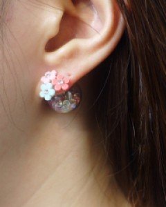 유리구슬 꽃  클러치 귀걸이