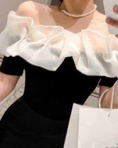 오간자 오픈숄더 블라우스 티