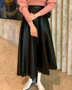 플레어 디자인 레더 가죽 스커트 롱