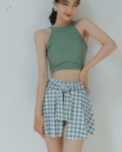 그린 체크 반바지 홀터넥 팬츠 비키니 수영복