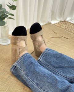 앞코 배색 털 메리제인 플랫