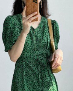그린 아이보리 귀여운 호피 롱 원피스