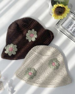 핸드메이드 꽃 코사지 니트 버킷햇 벙거지