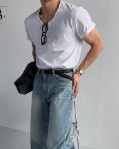 [제작상품] #BL 매니쉬 실켓 워싱 U넥 반팔티 2color