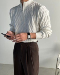 에일 케이블 머슬핏 반집업 니트 4color