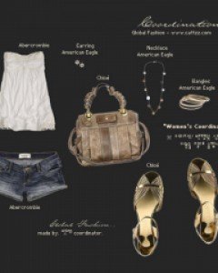 Summer !여성스러운 플로럴 레이스 튜브 탑과 데님 쇼트 팬츠. 내츄럴 백과 오픈토 샌들.