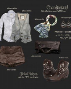 화이트 핀턱 셔츠와 스트라이프 베스트. 하이웨이스트 레더 쇼트 팬츠. 스터드 장식의 부츠.