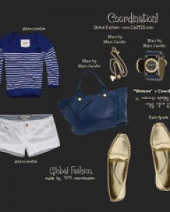 깨끗하고 경쾌한 느낌의 블루 컬러의 스트라이프 니트티와 화이트 쇼트팬츠. 마린룩 느낌에 빈티지를 가미한 룩.