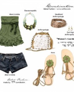 Summer !산뜻하고 로맨틱한 느낌의 튜브 탑과 쇼트 팬츠. 스트랩 슈즈.