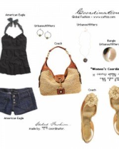 S/S리본 장식의 로맨틱한 홀터 탑과 세일러 쇼트 팬츠. 스트로우 백. 플라워 오픈토 샌들.