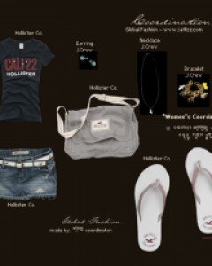 S/S깔끔한 네이비 티셔츠와 데님 미니스커트. 캐주얼 백. 플립플랍.