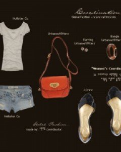 S/S심플한 브이넥 니트티와 데님 쇼트 팬츠. 앙증맞은 레드 숄더 백과 플랫슈즈.