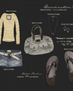 Fall브이넥 니트티와 데님 스커트. 캐주얼 백과 레더 플립플랍. 단정한 느낌의 가을코디.