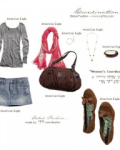 Fall스쿱 넥 스웨터와 디스트로이드 데님 미니 스커트. 체크 스카프와 더플 백. 모카신.