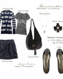 Fall스트라이프 가디건과 브이넥 티셔츠. 플라운스 스커트. 빈티지 호보 백과 플랫슈즈.