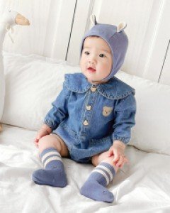 (스크래치) 곰돌이단추 데님둥근카라 유아 바디슈트