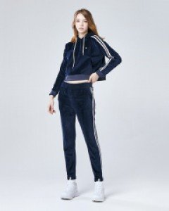 velour line crop hoodie - jogger pants set navy