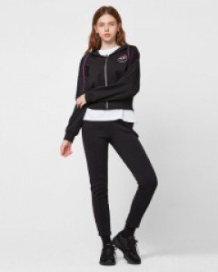 Piping crop hooded zip-up piping training pants set black