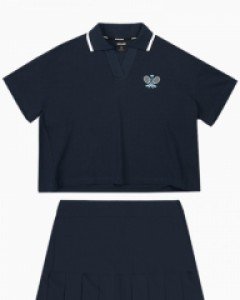 Open collar polo T-shirt tennis skirt set navy