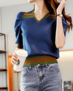 케이트 볼륨소매 체인 페미닌 반팔 니트