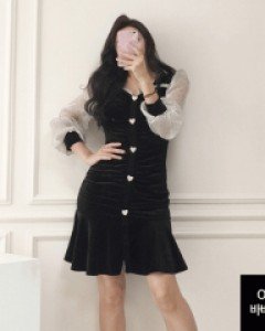 [2XL까지] 벨라로 하트버튼 페미닌 벨벳 원피스