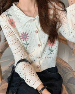 단델리온 자수 시스루 뜨개 가디건