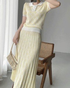 무료배송 / 크루스 레몬 카라니트 플리츠 롱스커트 코디세트