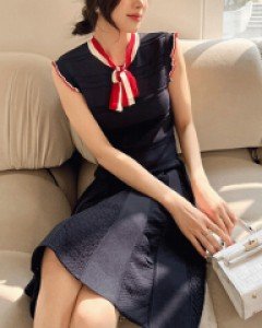 모나코 리본 민소매 니트 플레어 원피스